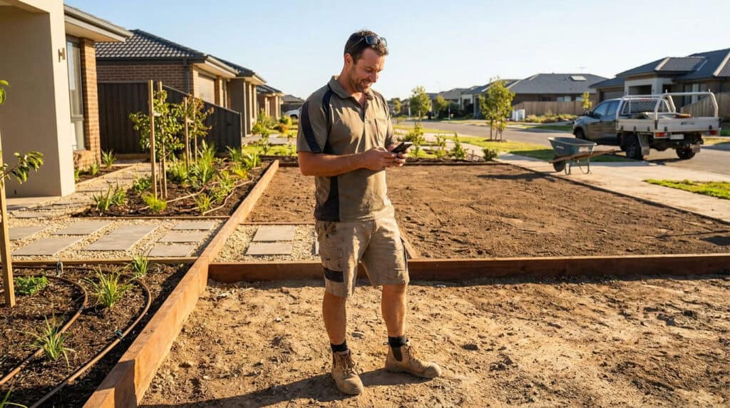 Construction worker stands in a dirt front yard of a suburban home, checking his phone with a truck in the background.